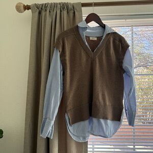Elan Brown Knit Vest with Blue and White Striped Collared Shirt